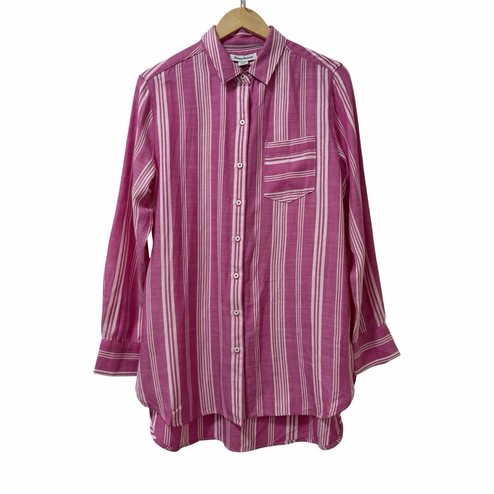 Tommy Bahama Stef Stripe Long Sleeve Button Shirt Size M Pink Resort Beach Vacay